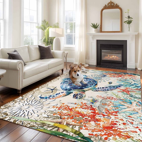 Coastal Sea Turtle Area Rug 5x7 FT, Non Slip Bedroom Throw Carpet, Rustic Vintage Nautical Starfish Coral Washable Soft Floor Carpet Non-Shedding Rug for Dining Room Bedside Classroom Desk