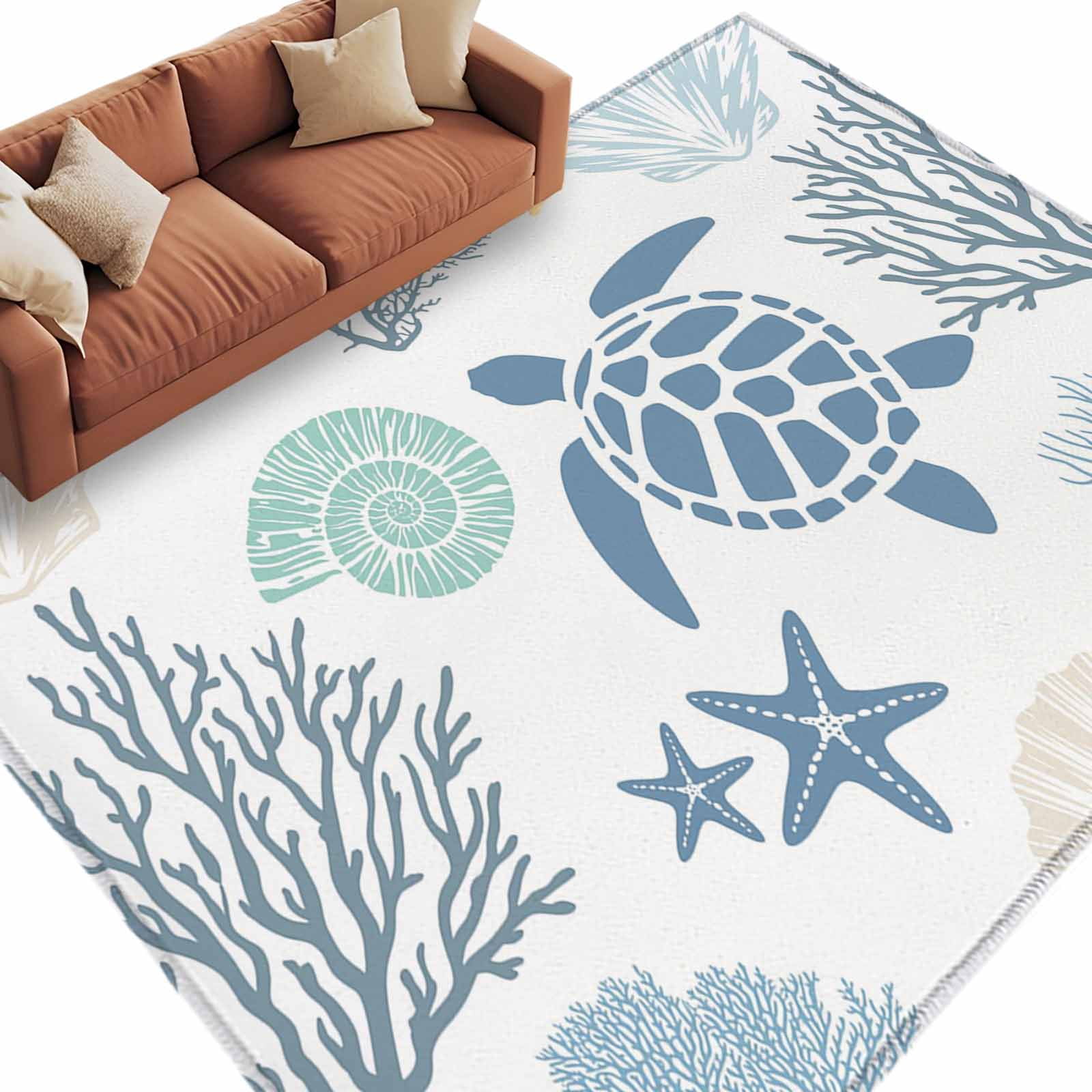Coastal Sea Turtle Area Rug 8x10 Washable Rug Non Slip Summer Beach ...