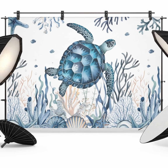 Coastal Sea Turtle Backdrop for Photoshoot,Photography Photo Studio Background Wall Backdrop,Ocean Beach Summer Coral Starfish Back Drop Banner Panel for Portraits Wedding Party Live Streaming 7x5Ft