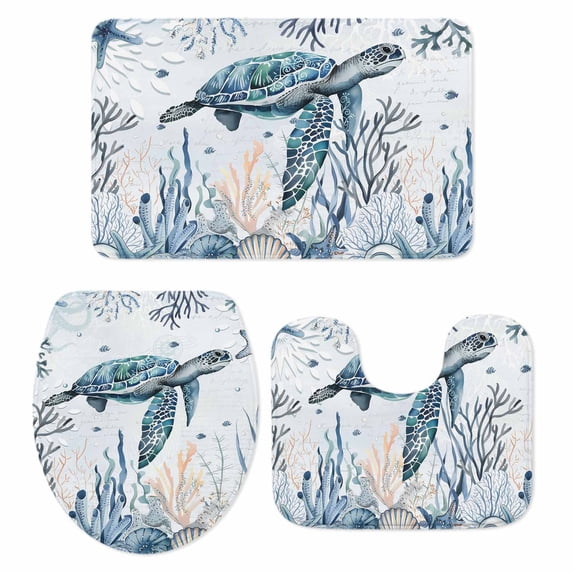 Coastal Sea Turtle Bath Mat 3 Piece Bathroom Rug Set, Summer Ocean Coral Conch Non Slip Bath Rug Contour Mat and Toilet Lid Cover, Absorbent Shower Mats Soft Bath Rugs and Mats Sets