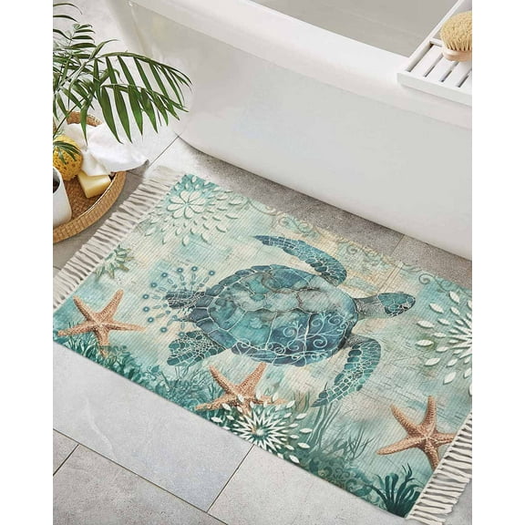 Coastal Sea Turtle Bath Rug 2x3ft Woven Bathroom Entryway Runner Rug,Teal Nautical Beach Starfish Vintage Washable Living Room Hallway Bedroom Kitchen Carpet with Tassels,Indoor Outdoor Doormat