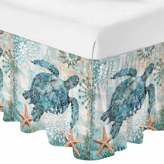 Coastal Sea Turtle Bed Skirt Queen Size 16 Inch Drop, Adjustable & Elastic Wrap Around Bed Skirts Pleated Dust Ruffles For Twin Full Queen Cal King Base Beds, Teal Nautical Beach Starfish Vintage