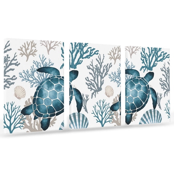 Coastal Sea Turtle Canvas Wall Art 3 Panels, Blue Gray Shell Coral Ocean Summer Framed Wall Decor Modern Artwork Prints Painting for Living Room, Bedroom, Kitchen & Cafe Decor 20" x 24"
