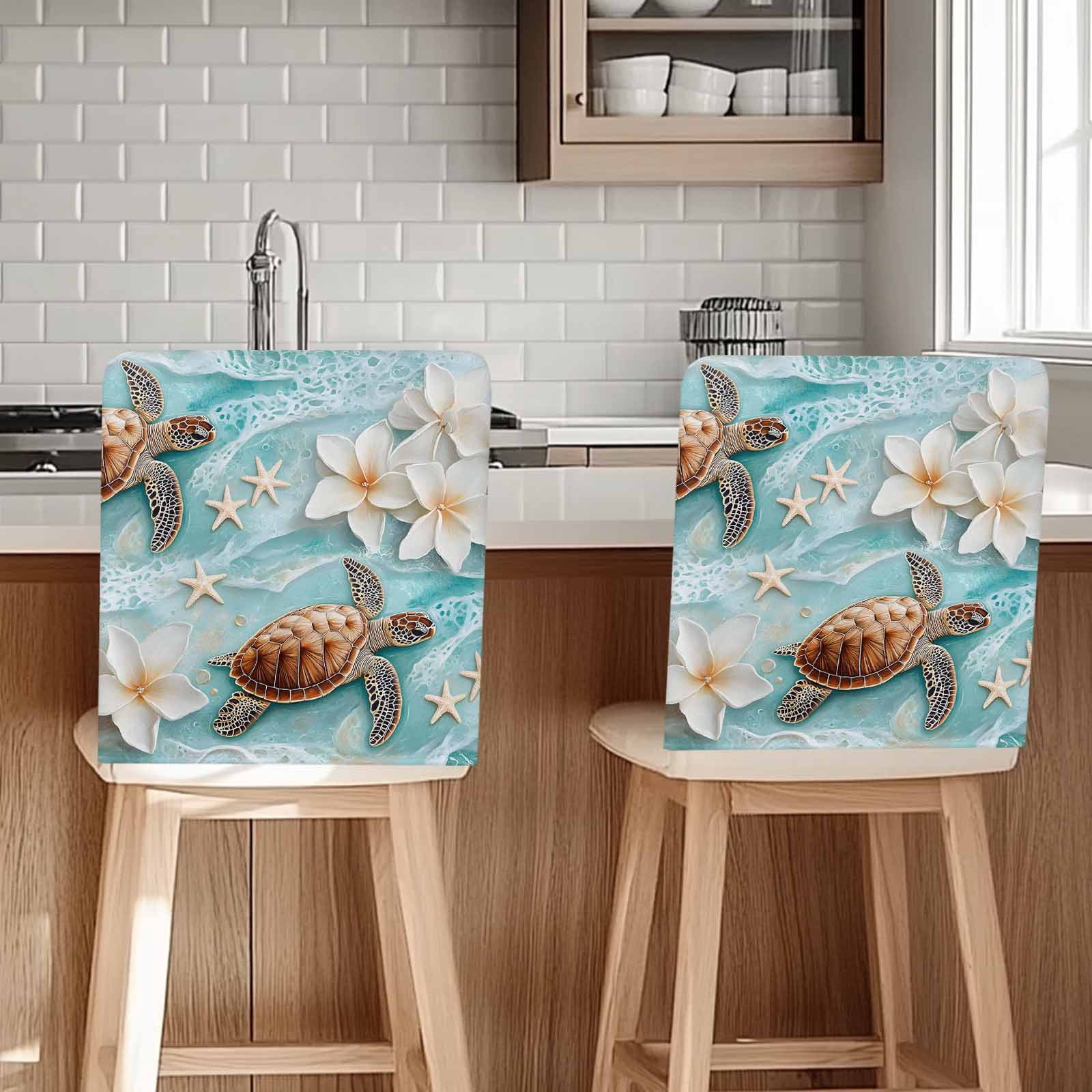 Turtle Chair Coastal Sea Turtle Chair Covers Set of 6 Beach Ocean White Floral ...