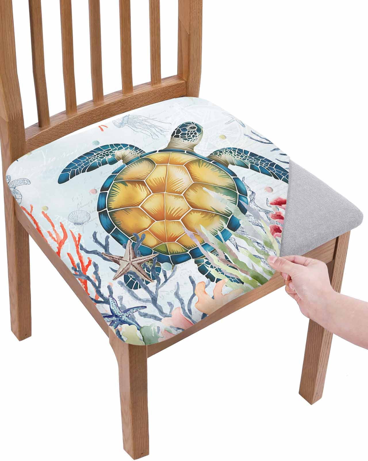 Turtle Chair Coastal Sea Turtle Chair Seat Covers for Dining Room Stretch Chair Seat ...