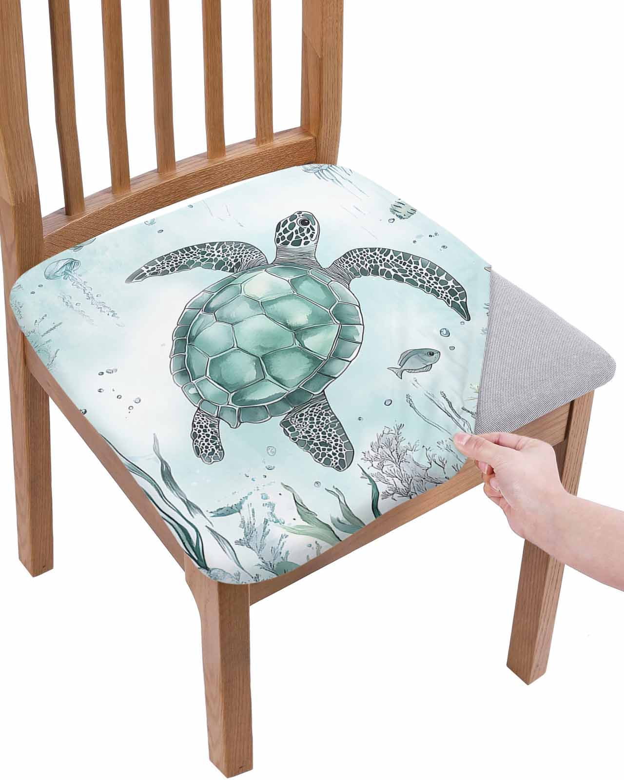 Turtle Chair Coastal Sea Turtle Chair Seat Covers for Dining Room Stretch Chair Seat ...