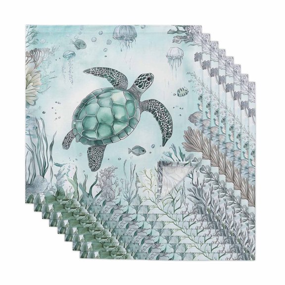 Coastal Sea Turtle Cloth Napkins, Nautical Marine Jellyfish Coral Washable and Reusable Dinner Napkins Set of 8, Table Napkin for Kitchen Party Birthday Wedding Hotel Housewarming 20"x20"