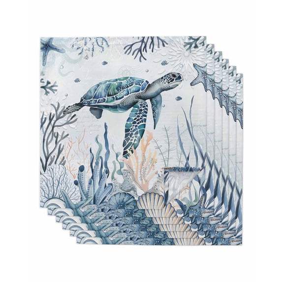 Coastal Sea Turtle Cloth Napkins Set of 6 Reusable Dinner Napkins, Summer Ocean Coral Conch Cocktail Napkin Washable Table Napkins for Wedding/Holiday Party/Baby Shower 20"x20"