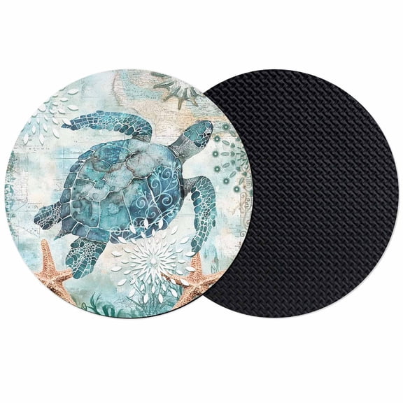 Coastal Sea Turtle Coasters Set of 2, Soft Absorbent Coasters for Drinks, Teal Nautical Beach Starfish Vintage Non-Slip Cup Coaster Mat with Rubber Bottom for Home Kitchen Coffee Bar Table Decor 4"