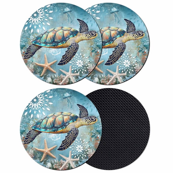 Coastal Sea Turtle Coasters Set of 4, Soft Absorbent Coasters for Drinks, Vintage Teal Nautical Beach Botanical Non-Slip Cup Coaster Mat with Rubber Bottom for Home Kitchen Coffee Bar Table Decor 4"