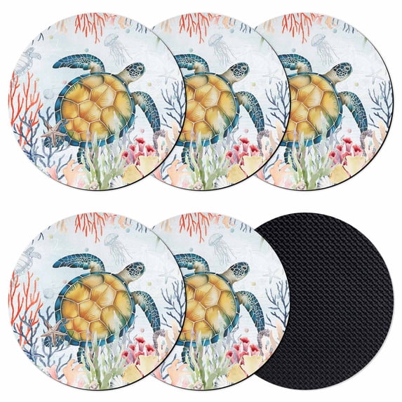Coastal Sea Turtle Coasters Set of 6, Absorbent Coasters for Drinks, Marine Coral Jellyfish Starfish Oceans Coaster for Desk Coffee Table Protection, Home Decor House Warming Gifts 4"