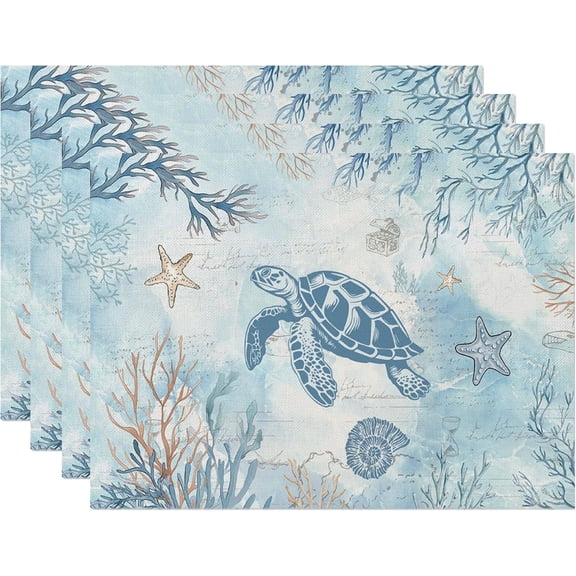 Coastal Sea Turtle Conch Placemats Set of 4, 12x18 Inch Summer Ocean Starfish Table Place Mats for Kitchen Dining Home Party Decor
