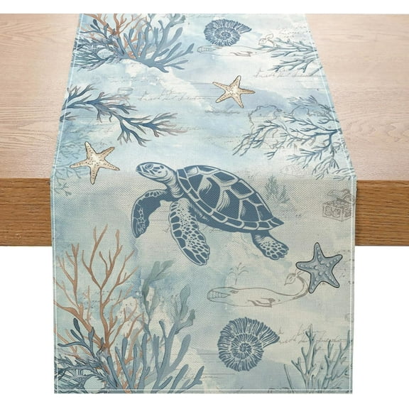 Coastal Sea Turtle Conch Table Runner 13x72 Inch Summer Ocean Starfish Kitchen Dinning Table Decoration for Indoor Outdoor Home Party Décor