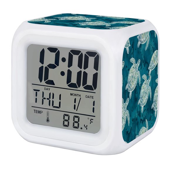 Coastal Sea Turtle Digital Alarm Clock for Bedrooms,Smart LED Alarm Clock with 7 Color Changing Night Light,Summer Tropical Ocean Life Turquoise Silent Wake Up Clocks for Sleep Study 3.2"x3.2"