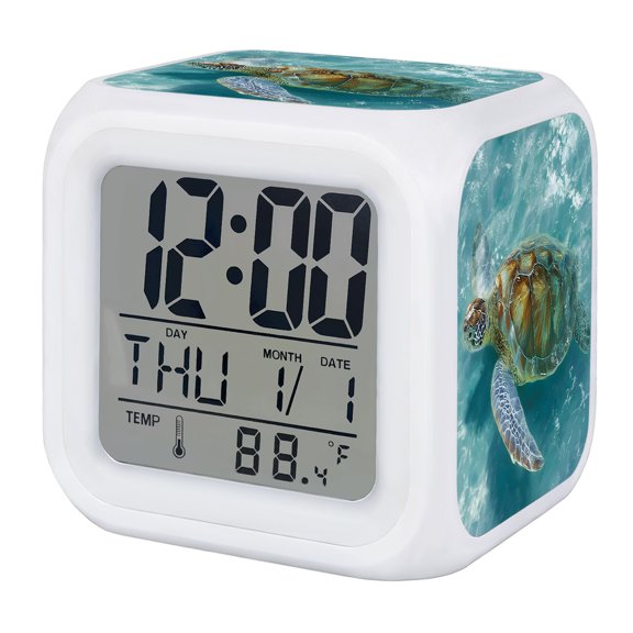 Coastal Sea Turtle Digital Alarm Clock for Bedrooms,Smart LED Alarm Clock with 7 Color Changing Night Light,Teal Summer Beach Nautical Tropical Silent Wake Up Clocks for Sleep Study Cooking 3.2"x3.2"