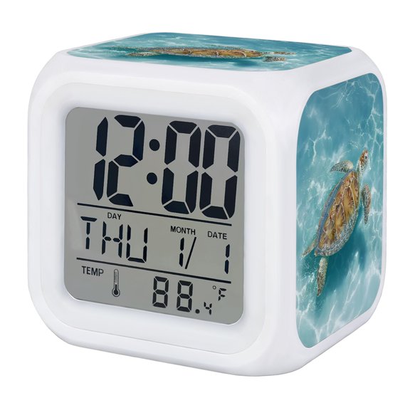 Coastal Sea Turtle Digital Alarm Clock for Bedrooms, Smart LED Alarm Clock with 7 Color Changing Night Light, Tropical Ocean Teal Seaside Beach Silent Wake Up Clocks for Sleep Study Cooking 3.2"x3.2"