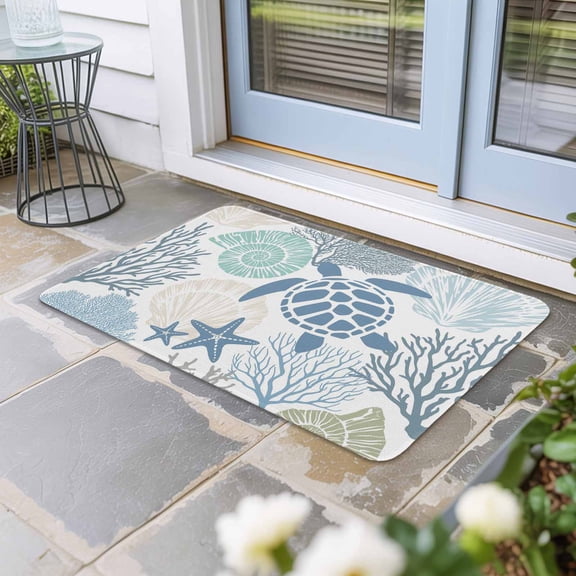 Coastal Sea Turtle Door Mat Indoor Outdoor, Nautical Ocean Creatures Starfish Non Slip Welcome Mat with Rubber Backing, Absorbent Fabric Front Door Mats Entryway Rug for Home Patio Entrance 24"x36"