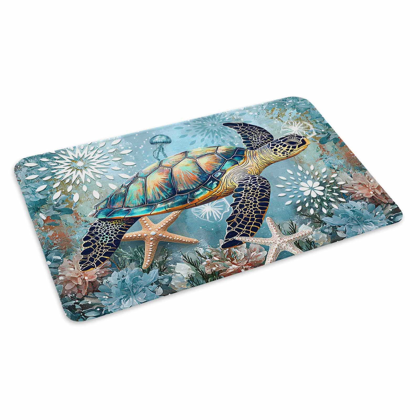 Coastal Sea Turtle Doormat Outdoor Entrance 16"x24", Vintage Teal Nautical Beach Botanical Absorb Moisture Dirt Door Mats, Non-Slip Rubber Backing Floor Mats Indoor, Low-Profile Front Door Rugs