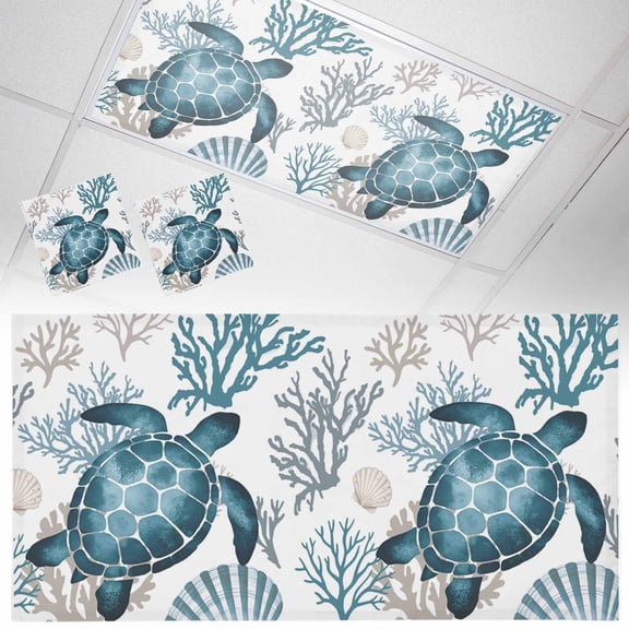 Coastal Sea Turtle Fluorescent Light Covers Blue Gray Shell Coral Ocean Summer Magnetic Light Filters Ceiling Lighting Panel Shade for Classroom Office Home 2 x 4 ft, 2 Pack
