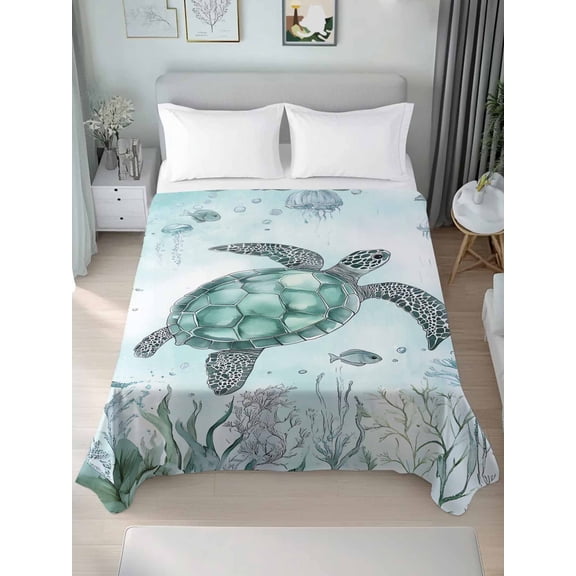Coastal Sea Turtle Full Size Flat Sheet, Wrinkleproof & Fadeproof Cooling Flat Bed Sheet Only, Nautical Marine Jellyfish Coral Breathable Soft Bedding Top Sheets 81 x 96 Inches