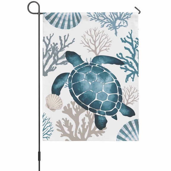 Coastal Sea Turtle Garden Flag 12 x 18 Inches, Blue Gray Shell Coral Ocean Summer Weather Proof Outdoor Patio Flags Double Sided Small Garden Decoration for Yard Outside Home