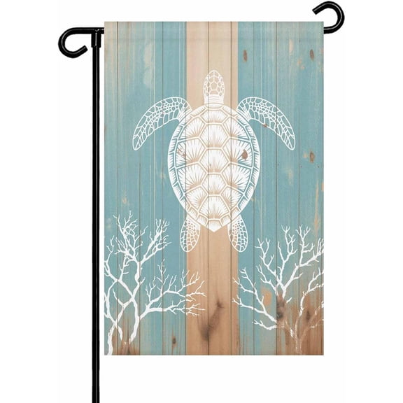Coastal Sea Turtle Garden Flag 12x 18 Double Side, Summer Coral Ocean Vintage Wood Garden Flags Outside House Flag Banner Welcome Yard Flag for Holiday Party Outdoor Decorations All Seasons