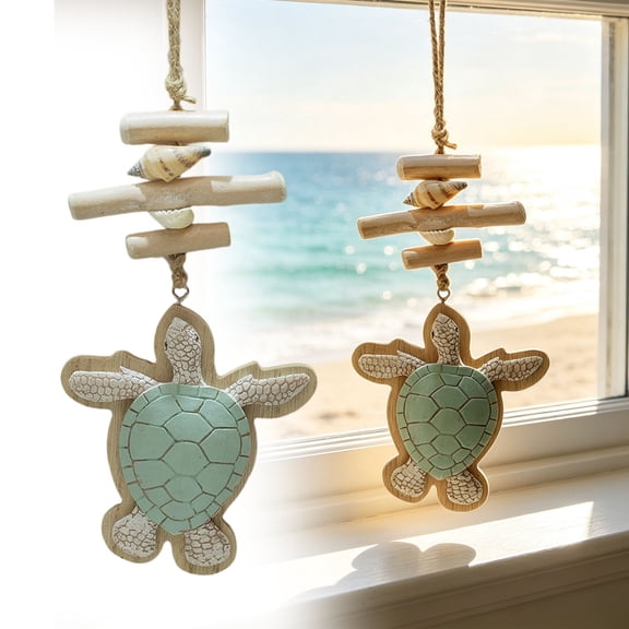 Coastal Sea Turtle Hanging Wall Decor, Nautical Ocean‑Themed Wooden Hanging Ornament with Driftwood & Conch Shell, Rustic Beachy Wall Art Decoration for Bedroom, Living Room, Entryway, Hanging, Green