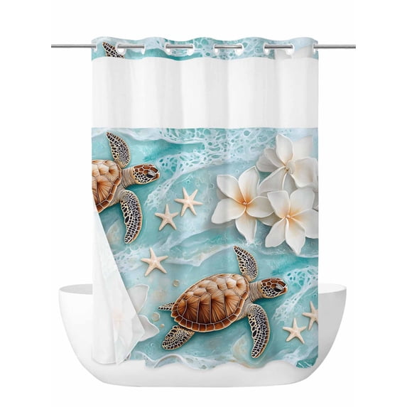 Coastal Sea Turtle No Hook Shower Curtain and Liner Set Beach Ocean White Floral Starfish Shower Curtains with Snap-in Liner & See Through Top Window Hotel Style for Bathroom Decor 72x84 Inch