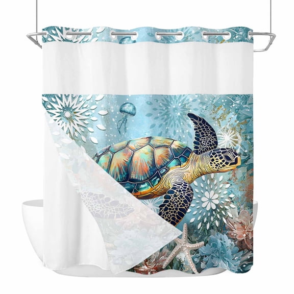 Coastal Sea Turtle No Hook Shower Curtain with Snap in Liner, Vintage Teal Nautical Beach Botanical Double-Layer Waterproof Shower Curtains for Bathroom Hotel Bathtub, Mesh Top & Standard 72"x72"