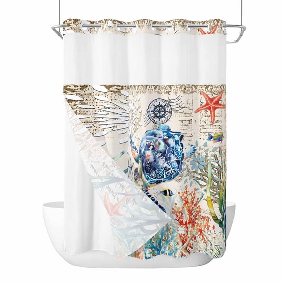 Coastal Sea Turtle No Hook Shower Curtain Waterproof,Bathroom Curtains with Snap in Liners and See Through Top Window,Rustic Vintage Nautical Starfish Coral Hotel Bathtub Curtains Shower 48"Wx72"L