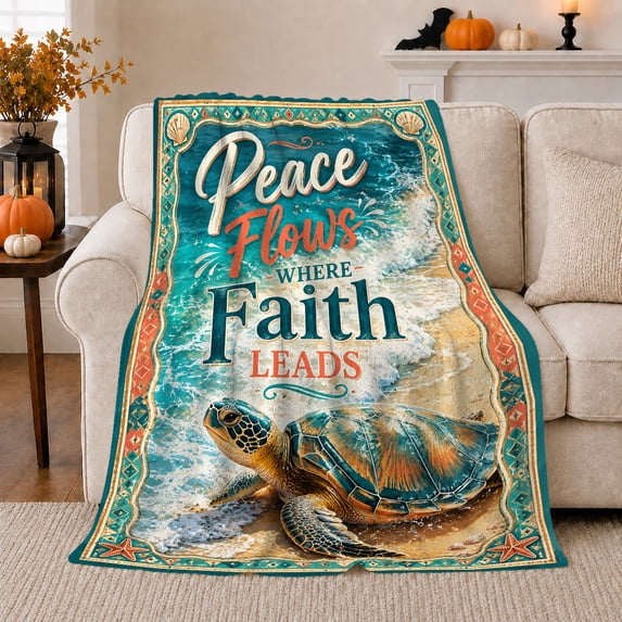 Coastal Sea Turtle Inspirational Text, Peaceful Coastal Landscape Scene, Soft Flannel Blanket for Beach House and Living Room, Beach Lovers Encouragement Gift, Coastal Home Decor