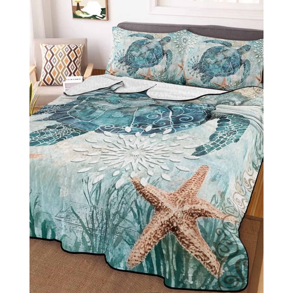 Coastal Sea Turtle King Size Down Alternative Comforter, Lightweight Comforter Quilt Bedding Set with Pillow Shams Teal Nautical Beach Starfish Vintage All Seasons Bed Comforter Duvet Insert 96"x106"