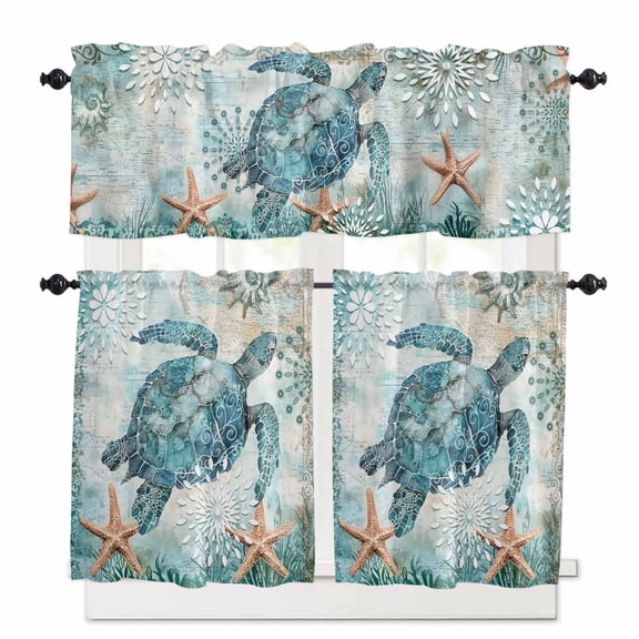 Coastal Sea Turtle Kitchen Curtains and Valances Set, 3 Piece Kitchen Curtains Set 36 Inch Length, Teal Nautical Beach Starfish Vintage Rod Pocket Curtains Tier Farmhouse Window Curtains