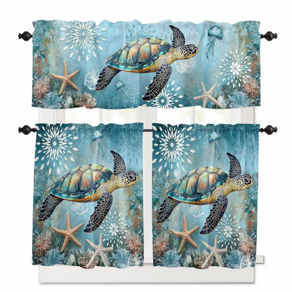 Coastal Sea Turtle Kitchen Curtains and Valances Set, 3 Piece Kitchen Curtains Set 36 Inch Length, Vintage Teal Nautical Beach Botanical Rod Pocket Curtains Tier Farmhouse Window Curtains