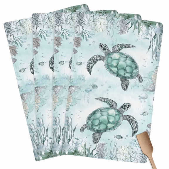 Coastal Sea Turtle Kitchen Towel Dish Cloths Set of 4, Microfiber Soft Kitchen Hand Towels, Nautical Marine Jellyfish Coral Absorbent Quick Drying Dishcloths 18 x 28 Inches
