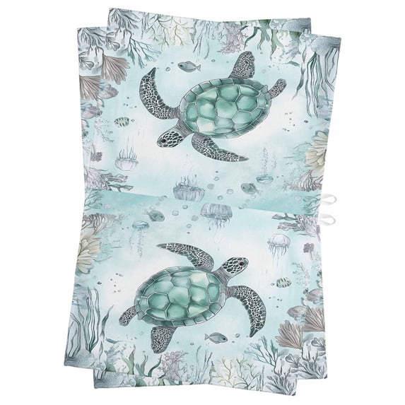 Coastal Sea Turtle Kitchen Towels Set of 2, Water Absorbent Dish Towel, Nautical Marine Jellyfish Coral Decorative Hand Towels - Quick Drying Cloth for Cooking Baking, 18x28 Inch