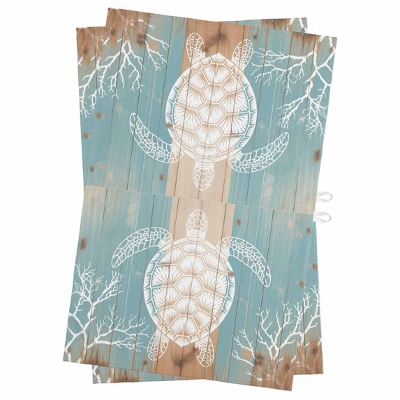 Coastal Sea Turtle Kitchen Towels Set of 2, Water Absorbent Dish Towel, Summer Coral Ocean Vintage Wood Decorative Hand Towels - Quick Drying Cloth for Cooking Baking, 18x28 Inch