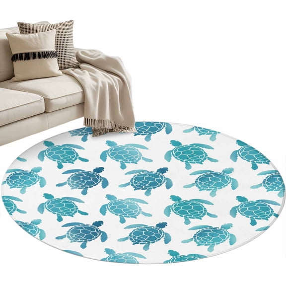 Coastal Sea Turtle Large Area Rugs for Bedroom Living Room, Soft Non Slip Carpet Bedside Rug, Nautical Turquoise Ocean Creatures Round Floor Cover Kitchen Accent Rug 3' for Dining Room/Office
