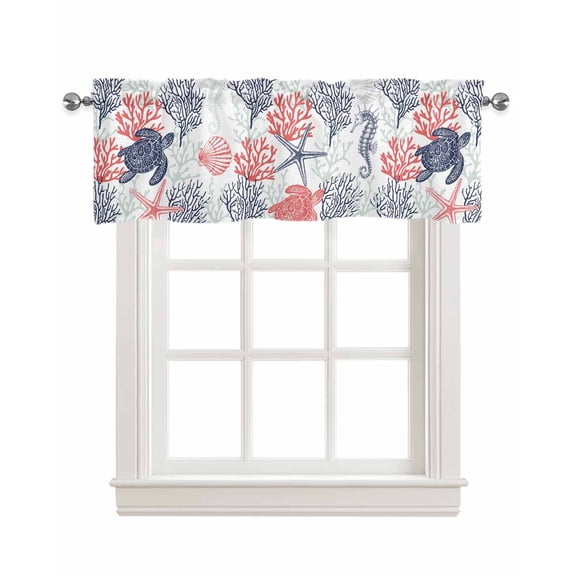 Coastal Sea Turtle Linen Curtain Valance for Bedroom/Bathroom/Kitchen/Office/Living/Dining Room Windows,Coastal Ocean Coral Shell Seahorse Rod Pocket Topper Drapes Decorative Cafe Drapery Panel 54x18