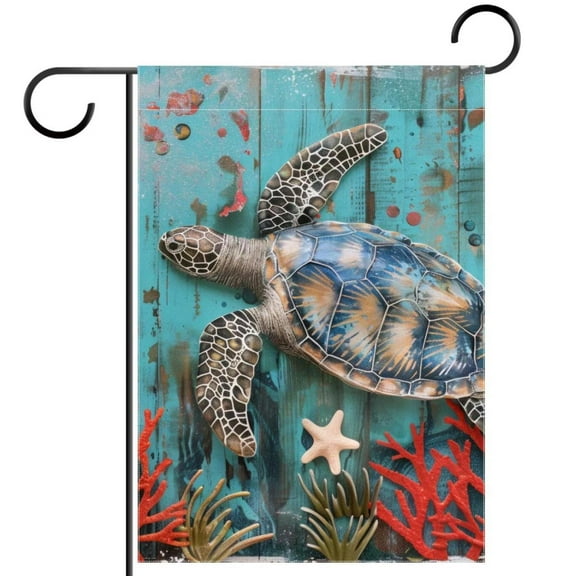 Coastal Sea Turtle Nautical Ocean Starfish Seashell Coral Double Sided Garden Flag Decorative Weather Resistant Yard Flag, Large DIY Vertical Flag for Farmhouse Patio Lawn, 28x40 Inch
