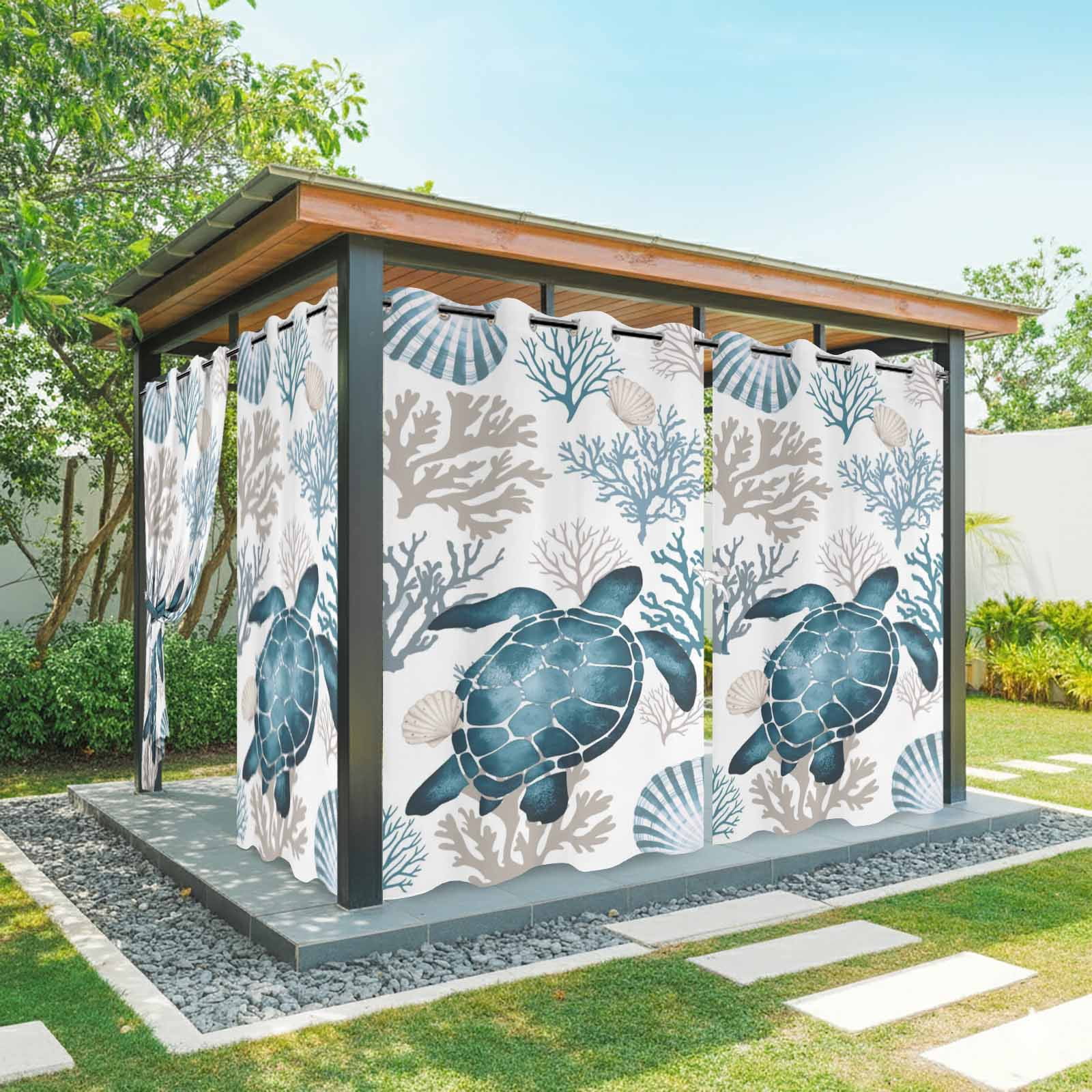 Coastal Sea Turtle Outdoor Curtains for Patio, Blue Gray Shell Coral Ocean Summer Sunshade Privacy Drapes Grommet Waterproof Outside Curtains for Porch/Cabana/Balcony 54"x 108", 2 Panel