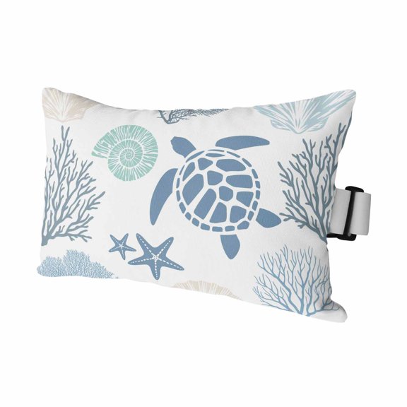 Coastal Sea Turtle Outdoor Pillows for Chaise Lounge Chair Waterproof Lumbar Pillows with Insert&Adjustable Strap Beach Headrest Pillow Summer Beach Ocean Coral Shell Starfish Pool Pillow 11"x16"