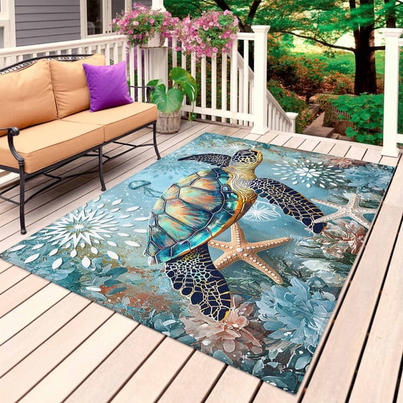 Coastal Sea Turtle Outdoor Rug for Patio/Deck/Porch, Non-Slip Large Area Rug 3 x 5 Ft, Vintage Teal Nautical Beach Botanical Indoor Outdoor Rugs Washable Area Rugs, Camping Rug Carpet Runner