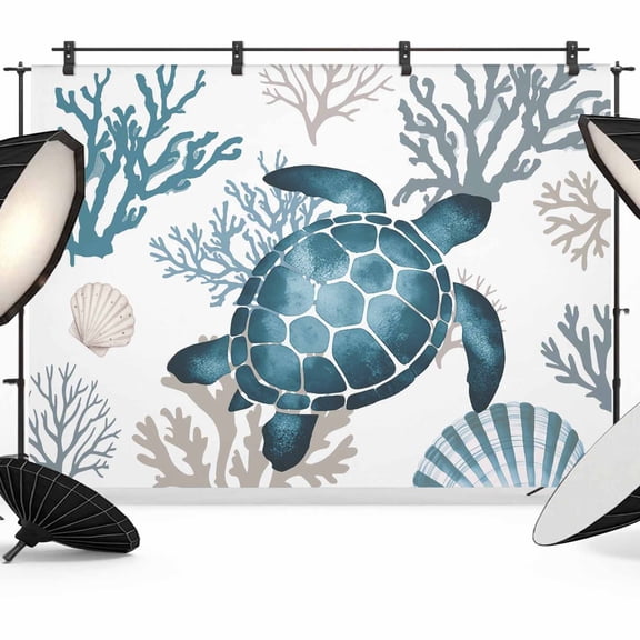 Coastal Sea Turtle Photography Backdrop 8x6FT, Blue Gray Shell Coral Ocean Summer Photo Backdrops, Background for Photography Studio Photo Studio Background, Back Drop for Photoshoot