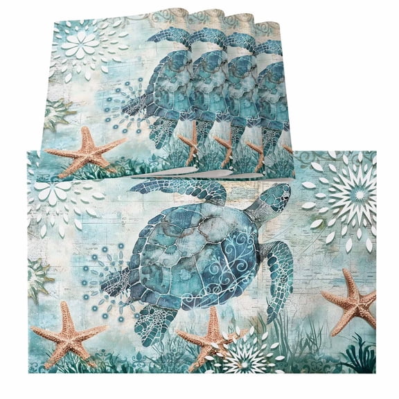 Coastal Sea Turtle Placemats for Dinning Table Set of 4, Teal Nautical Beach Starfish Vintage Burlap Kitchen Place Mats Waterproof Cloth Table Mats, Indoor Outdoor Placemats Easy Clean Dinner Decor