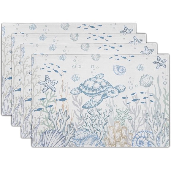 Coastal Sea Turtle Placemats Set of 4, Ocean Life Nautical Tortoise Place Mat, Summer Starfish Seashell Beach Themed Washable Table Mats for Kitchen Dining Seasonal Party Decor, 12"x18"