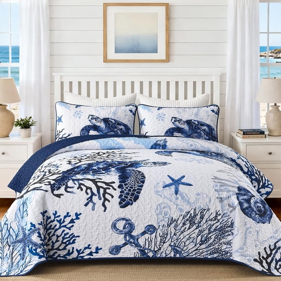 Coastal Sea Turtle Quilt Bedding Set Queen Size 3 Pieces Blue
