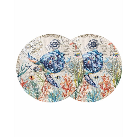 Coastal Sea Turtle Round 13 Inch Placemats Set of 2, Rustic Vintage Nautical Starfish Coral HeatResistant Non Slip Place Mats for Dining Table, Wipeable Braided Kitchen Table Mats for Housewarming
