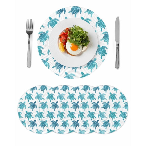 Coastal Sea Turtle Round 15 Inch Placemats Set of 4, Nautical Turquoise Ocean Creatures HeatResistant Non Slip Place Mats for Dining Table, Wipeable Braided Kitchen Table Mats for Housewarming