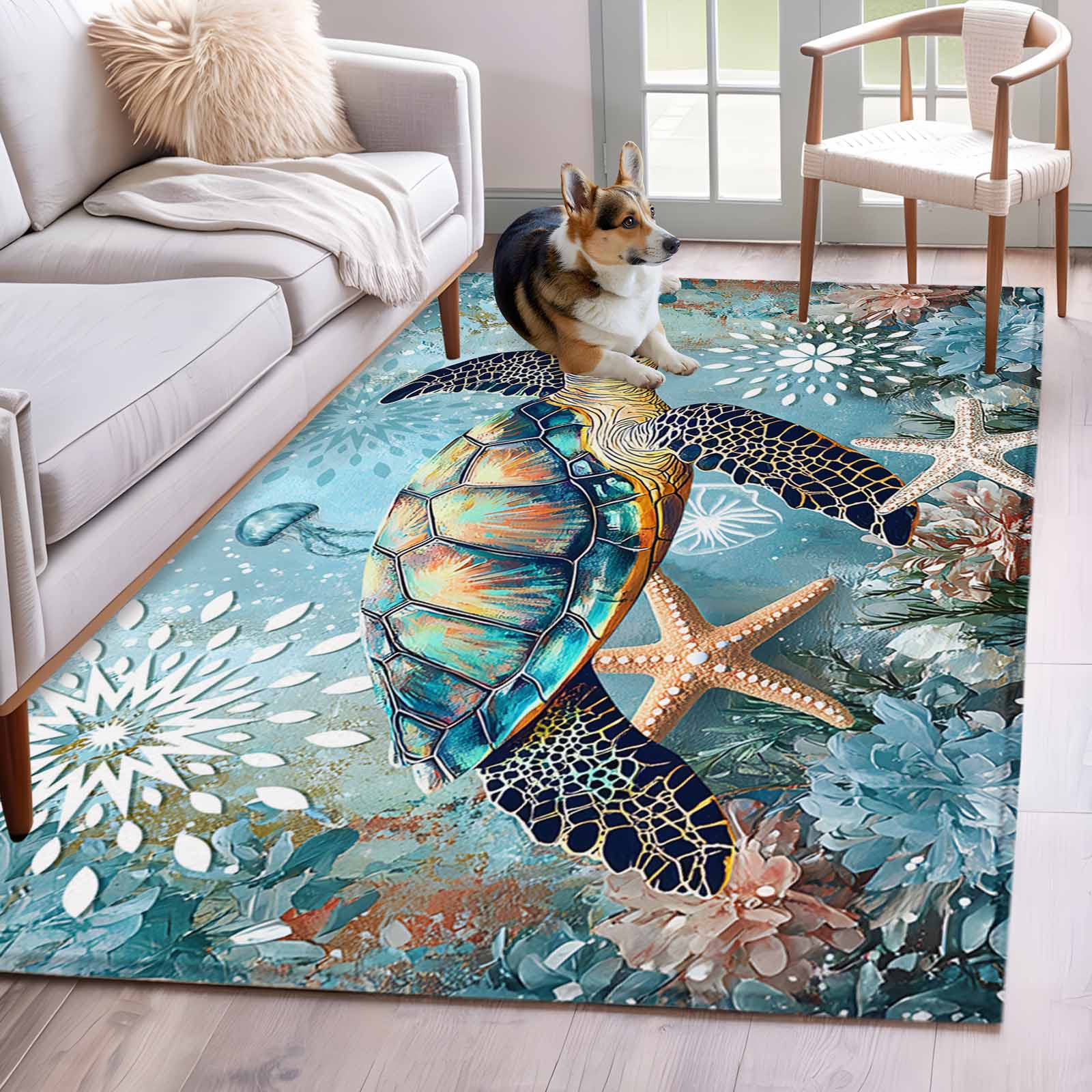 Coastal Sea Turtle Runner Rug 2.7x5 FT, Non Slip Entryway Carpet ...